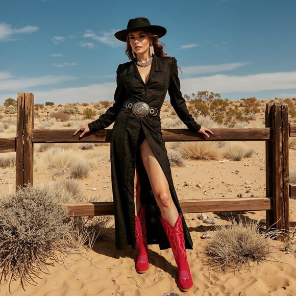 Women's Faux Suede Pointed Heeled Western Wide Calf Embroidered Red Boots - Picture 3 of 8